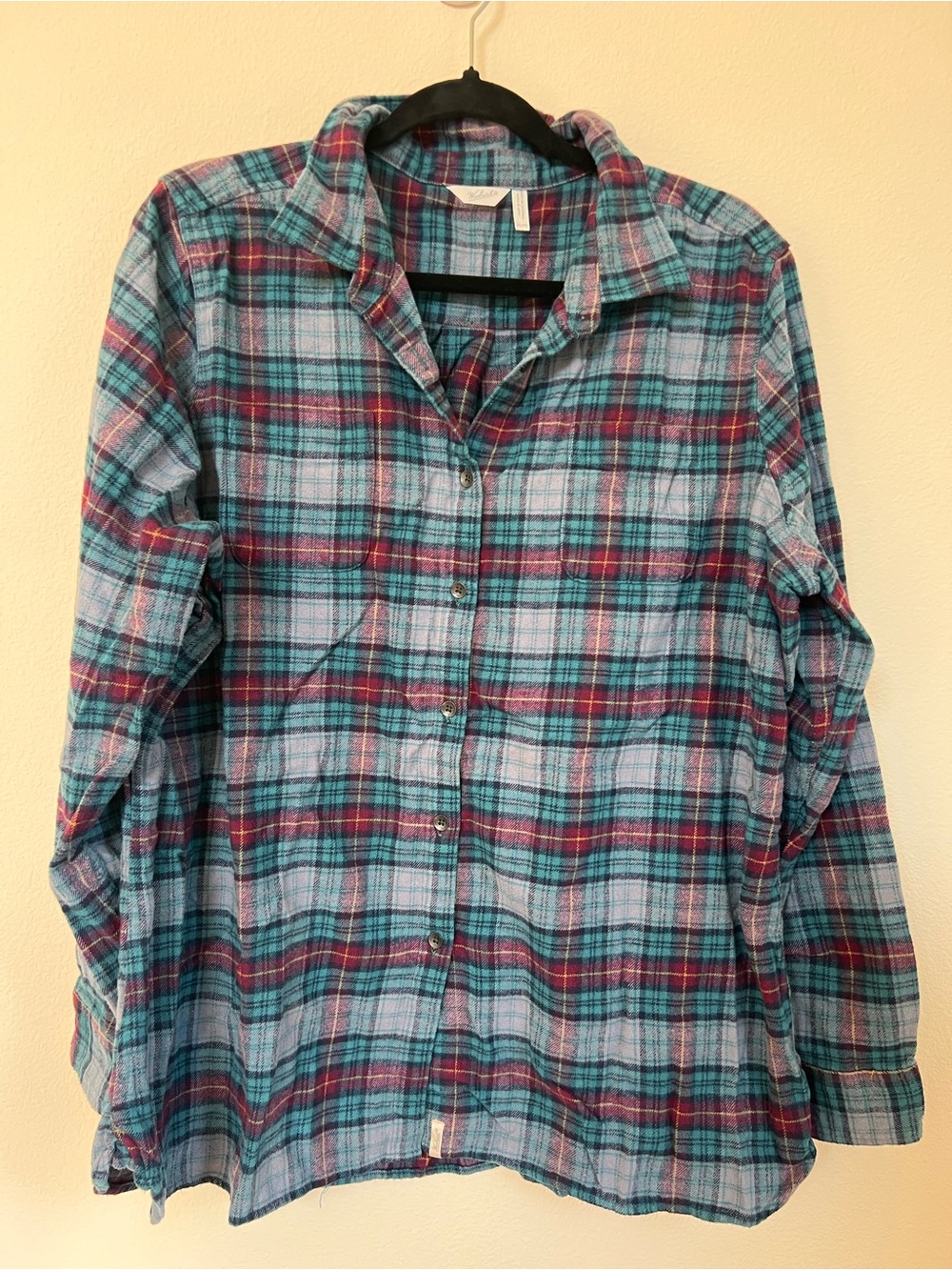 Women’s Woolrich Plaid Flannel Button-Up Shirt in Teal and Burgundy